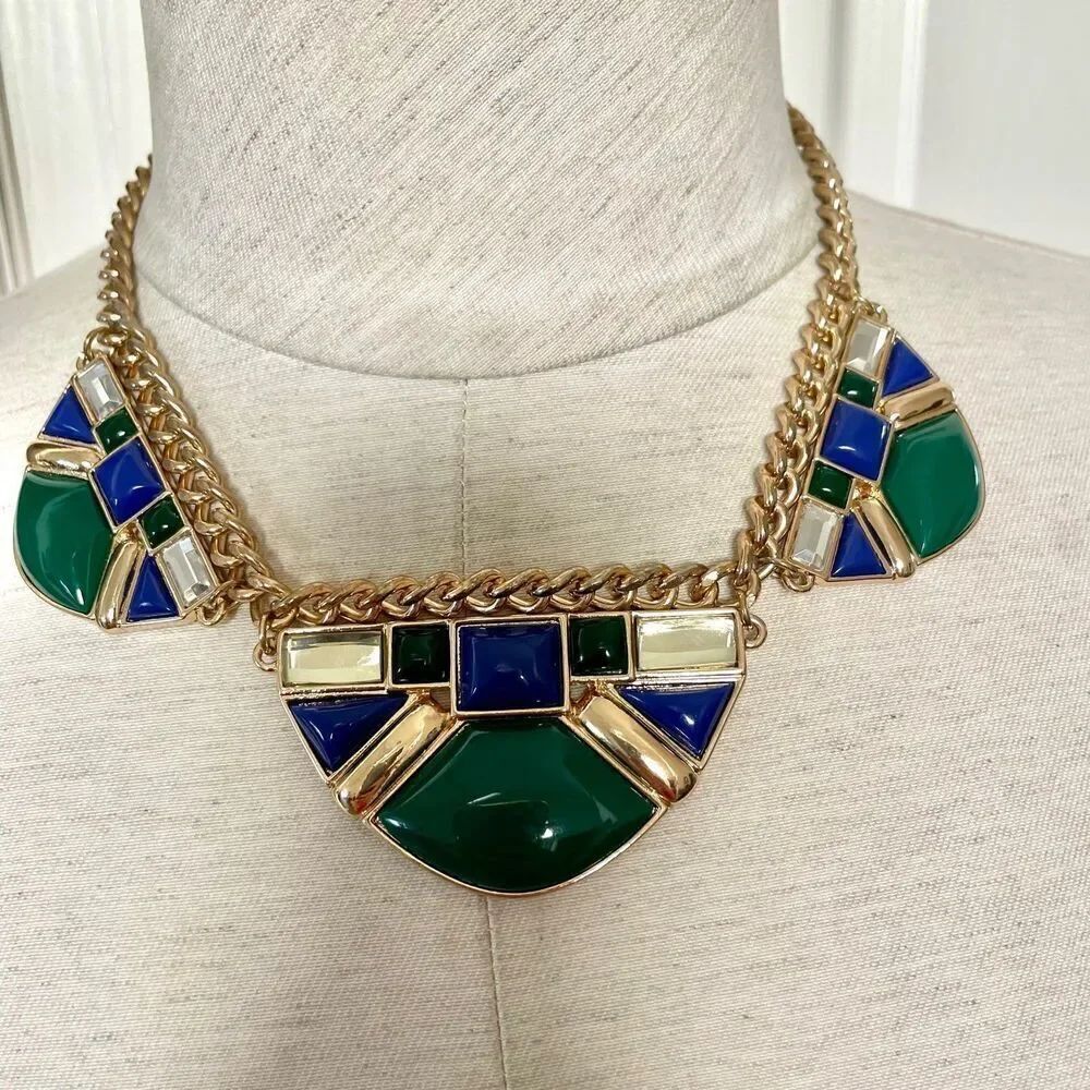 Gold tone green and blue statement necklace